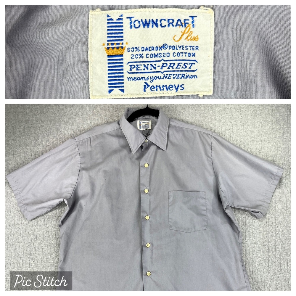 Vintage Towncraft Button Up Shirt Men XL Gray Short Sleeve Penneys Penn-Prest
